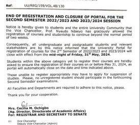 UNIUYO end of registration & closure of portal for 2nd semester, 2022/2023 & 2023/2024