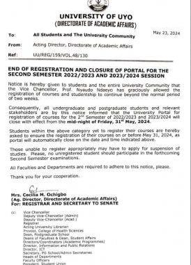 UNIUYO end of registration & closure of portal for 2nd semester, 2022/2023 & 2023/2024