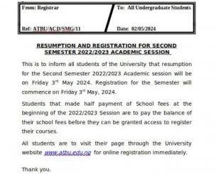 ATBU notice on resumption and registration for second semester, 2022/2023