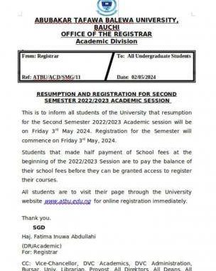 ATBU notice on resumption and registration for second semester, 2022/2023