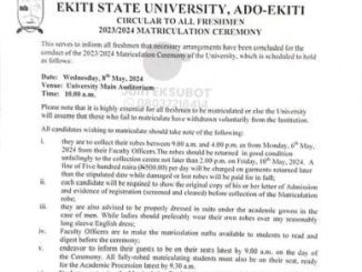 EKSU announces matriculation ceremony for the 2023/2024 session, EKSU, Ekiti State University