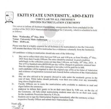 EKSU announces matriculation ceremony for the 2023/2024 session, EKSU, Ekiti State University