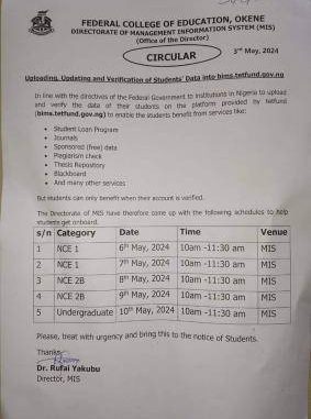 FCE Okene notice on uploading of students' data