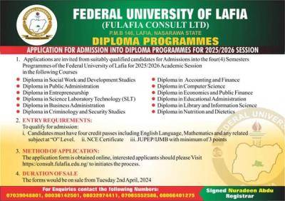 FULAFIA announces Diploma Admission, 2025/2026 - NAIRAVOICE.COM.NG