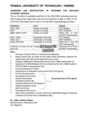 FUTO screening and registration of freshmen for 2023/2024 session