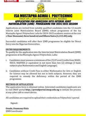 IMAP admission into IJMB programme for 2024/2025 session