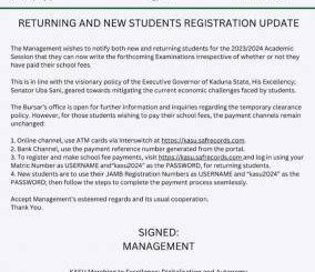 KASU update on returning and new students' registration, KASU, Kaduna State University