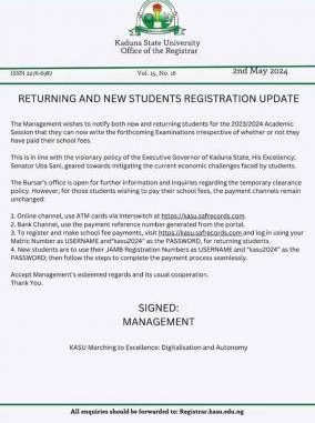 KASU update on returning and new students' registration, KASU, Kaduna State University