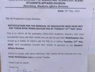 KSUSTA notice on removal of graduates yet to pay NYSC mobilization fee, 2022/2023