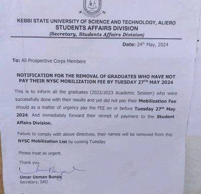 KSUSTA notice on removal of graduates yet to pay NYSC mobilization fee, 2022/2023