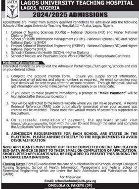 Lagos State University Teaching Hospital, Idi Araba admission forms, 2024/2025