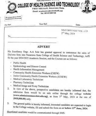 Nassarawa College of Health Science & Tech Keffi releases Diploma form, 2024/2025