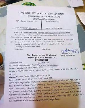 The Oke-Ogun Polytechnic, TOPS, TOPS notice on commencement of first semester exam, 2023/2024