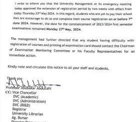 UDUS notice on extension of undergraduate registration exercise, 2023/2024