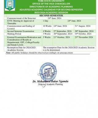 YSU adjusted second semester Academic calendar 2023/2024